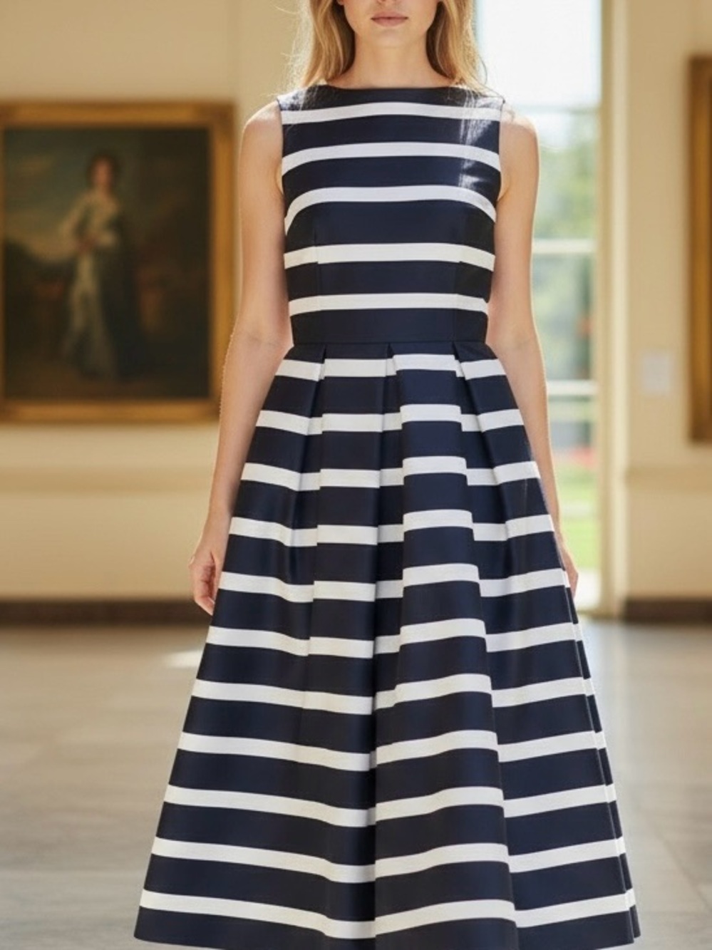English Factory Classic Black and White Striped Sleeveless Formal Midi Dress